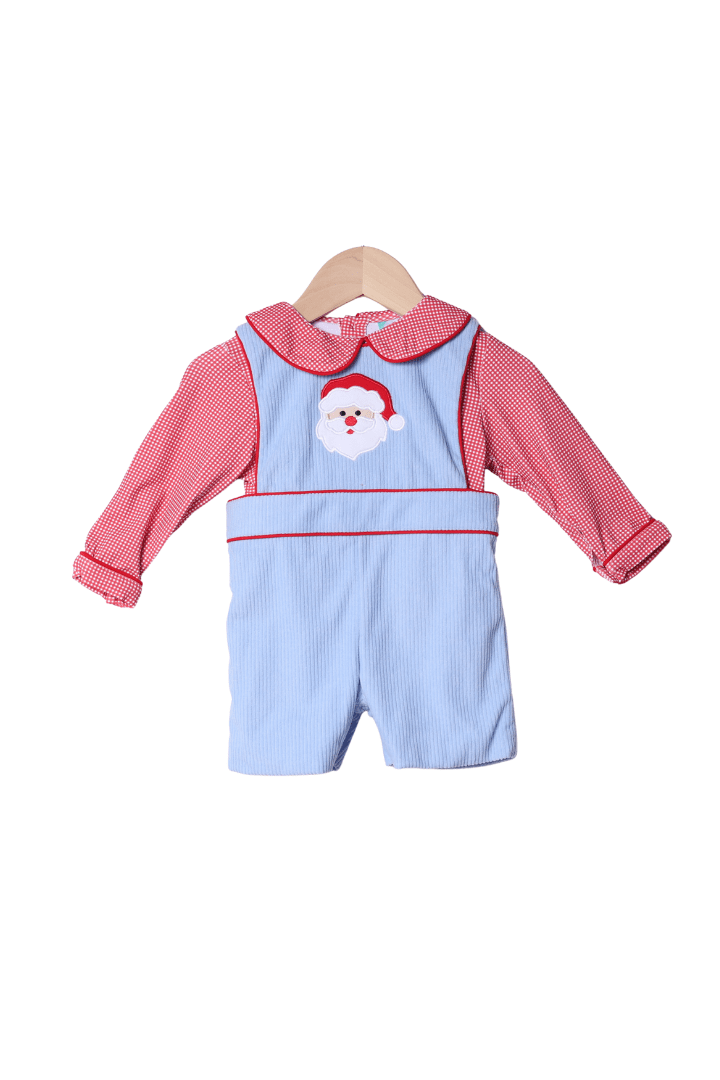 The Smocked Flamingo Apparel & Accessories Applique Santa Blue Corduroy Red Gingham 2pc Jon Jon