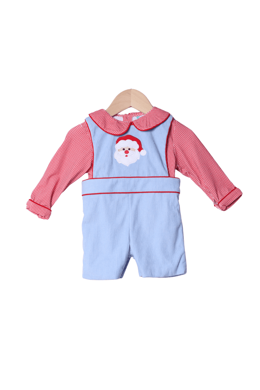 The Smocked Flamingo Apparel & Accessories Applique Santa Blue Corduroy Red Gingham 2pc Jon Jon