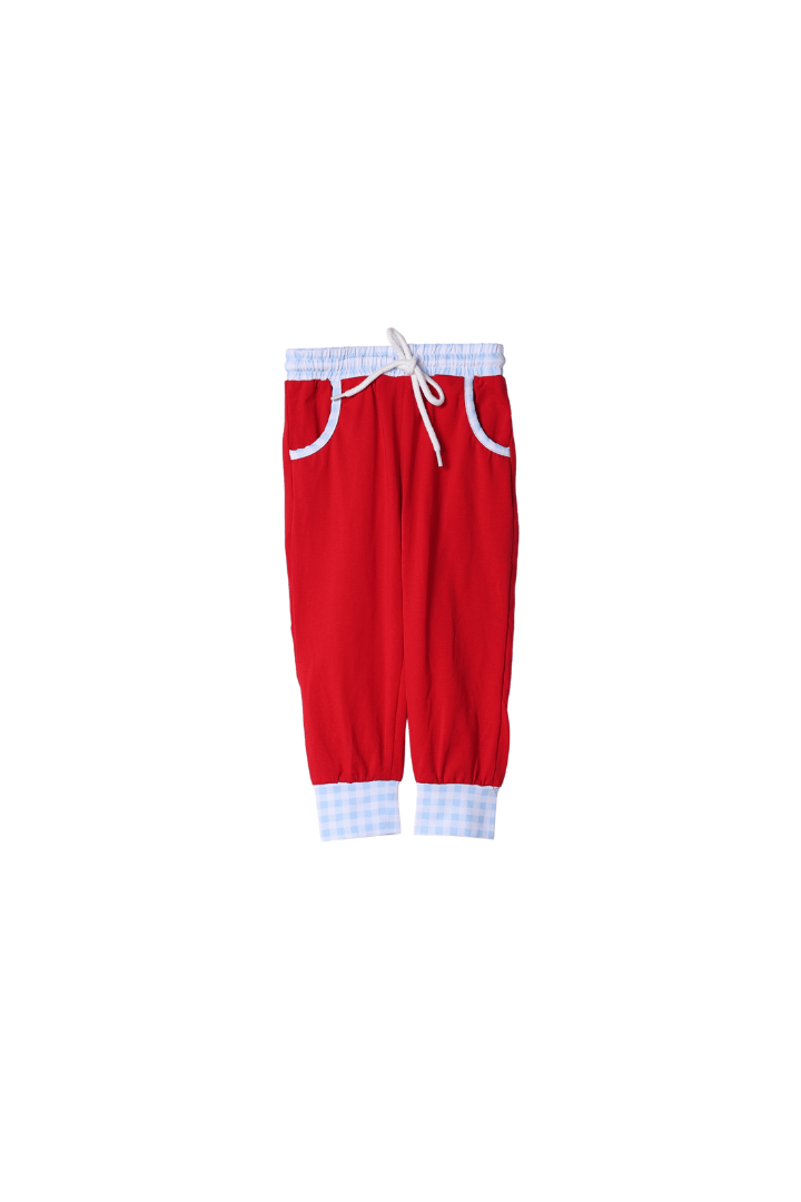 The Smocked Flamingo Apparel & Accessories Applique Santa Blue/Red Gingham Jogger Set