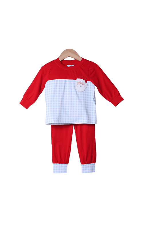 The Smocked Flamingo Apparel & Accessories Applique Santa Blue/Red Gingham Jogger Set