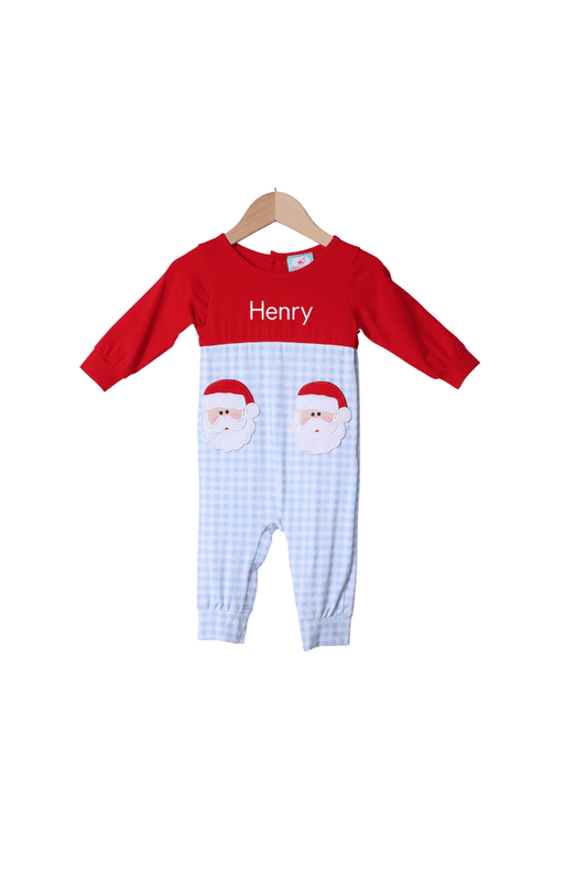 The Smocked Flamingo Apparel & Accessories Applique Santa Pocket Blue/Red Gingham Romper