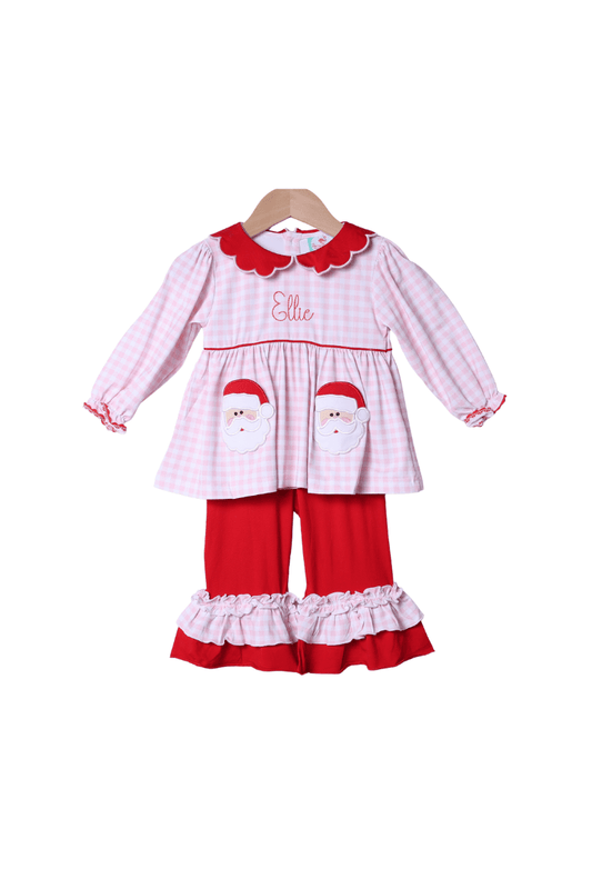 The Smocked Flamingo Apparel & Accessories Applique Santa Pocket Pink/Red Gingham Pant Set