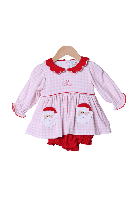 The Smocked Flamingo Apparel & Accessories Applique Santa Pocket Pink/Red Gingham Skirted Bubble
