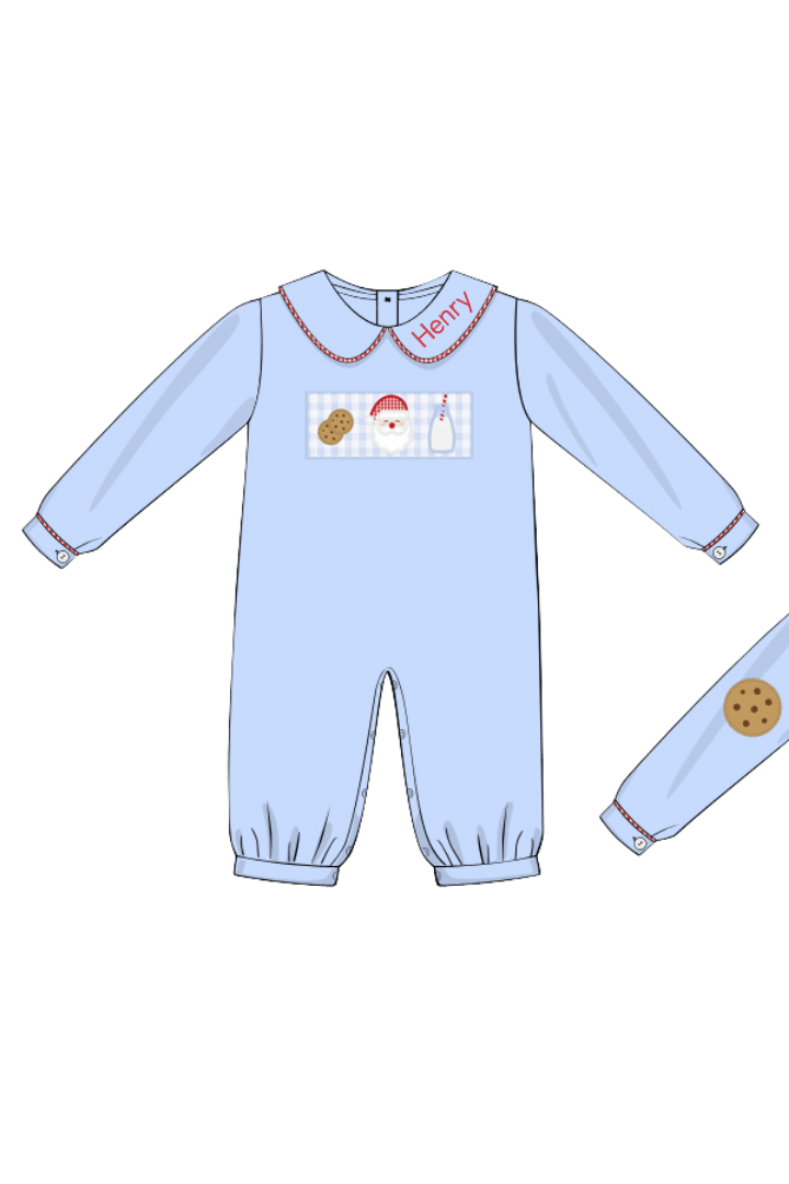 The Smocked Flamingo Apparel & Accessories Applique Santa's Cookies Blue Romper