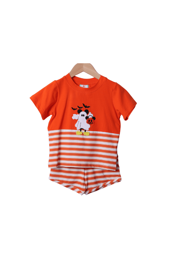 The Smocked Flamingo Apparel & Accessories Applique Spooky Mouse Orange Stripe Short Set
