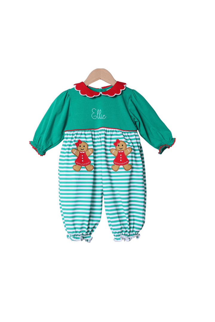 The Smocked Flamingo Apparel & Accessories Applique Sweet Gingerbread Green Stripe Romper