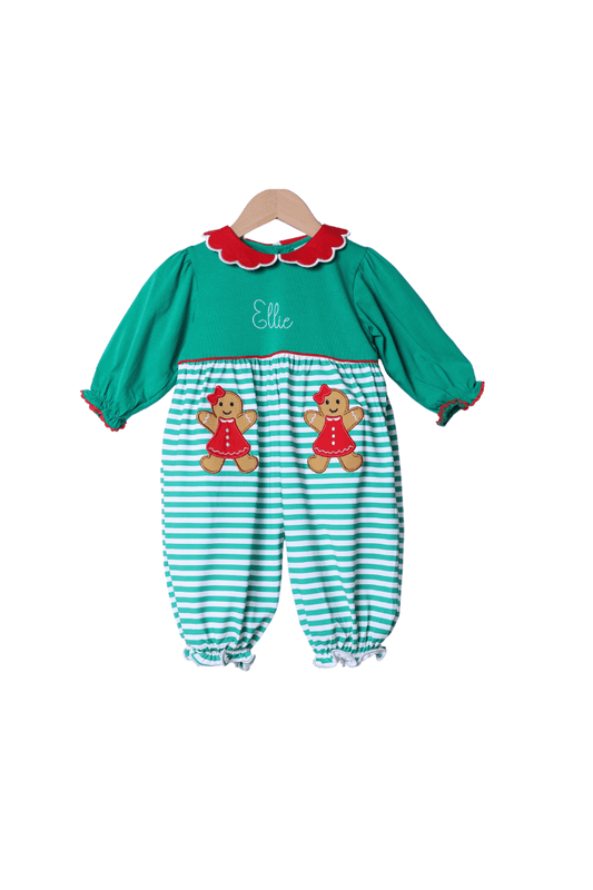 The Smocked Flamingo Apparel & Accessories Applique Sweet Gingerbread Green Stripe Romper