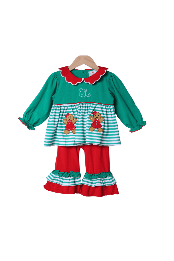 The Smocked Flamingo Apparel & Accessories Applique Sweet Gingerbread Green Stripe Ruffle Pant Set