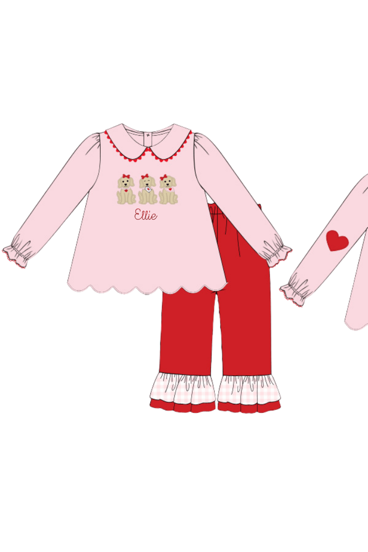 The Smocked Flamingo Apparel & Accessories Applique Sweet Puppies Pink Knit Pant Set