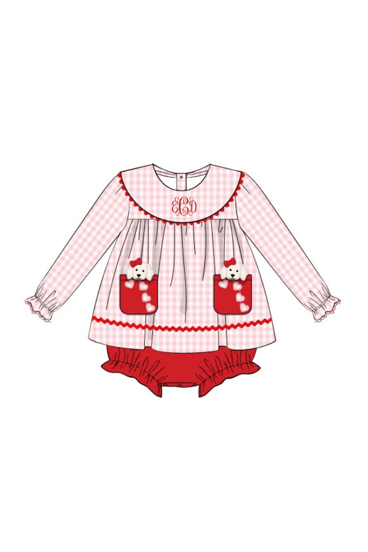 The Smocked Flamingo Apparel & Accessories Applique Sweetheart Puppies Pink Gingham Skirted Bubble