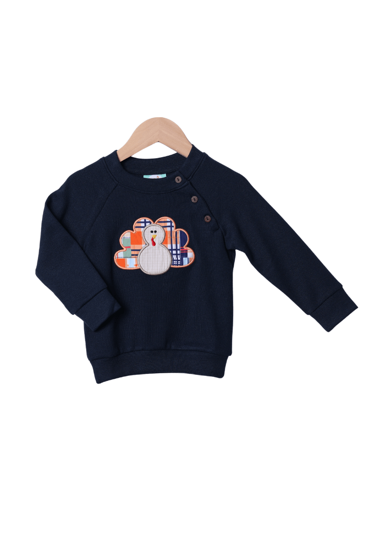 The Smocked Flamingo Apparel & Accessories Applique TurkeyMadras Plaid Navy Pullover