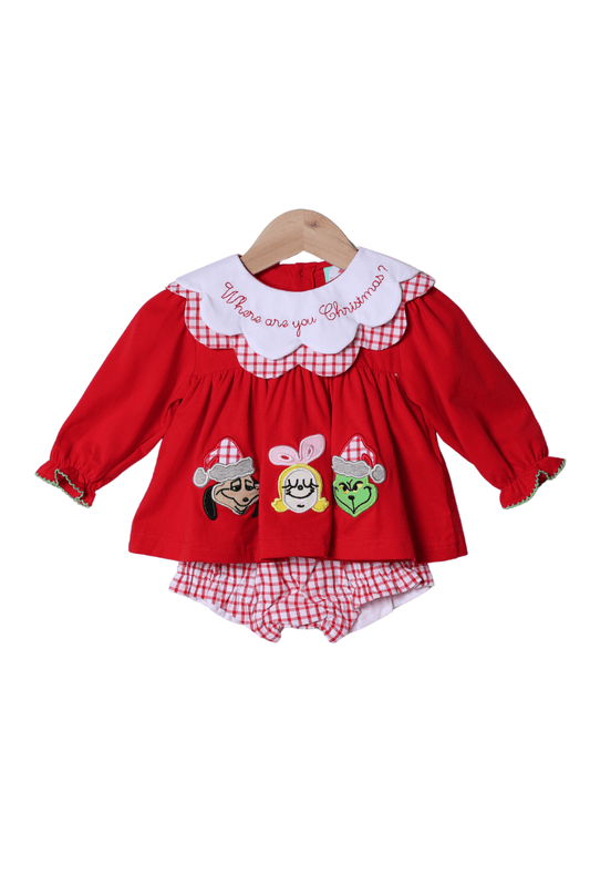 The Smocked Flamingo Apparel & Accessories Applique Where are You Christmas Scalloped Bloomer Set