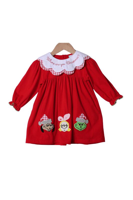 The Smocked Flamingo Apparel & Accessories Applique Where are You Christmas Scalloped Dress