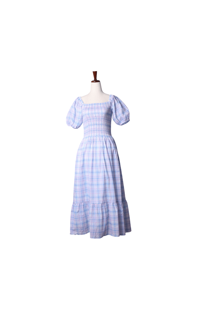 Blue and Pink Plaid Smocked Mom Dress Large