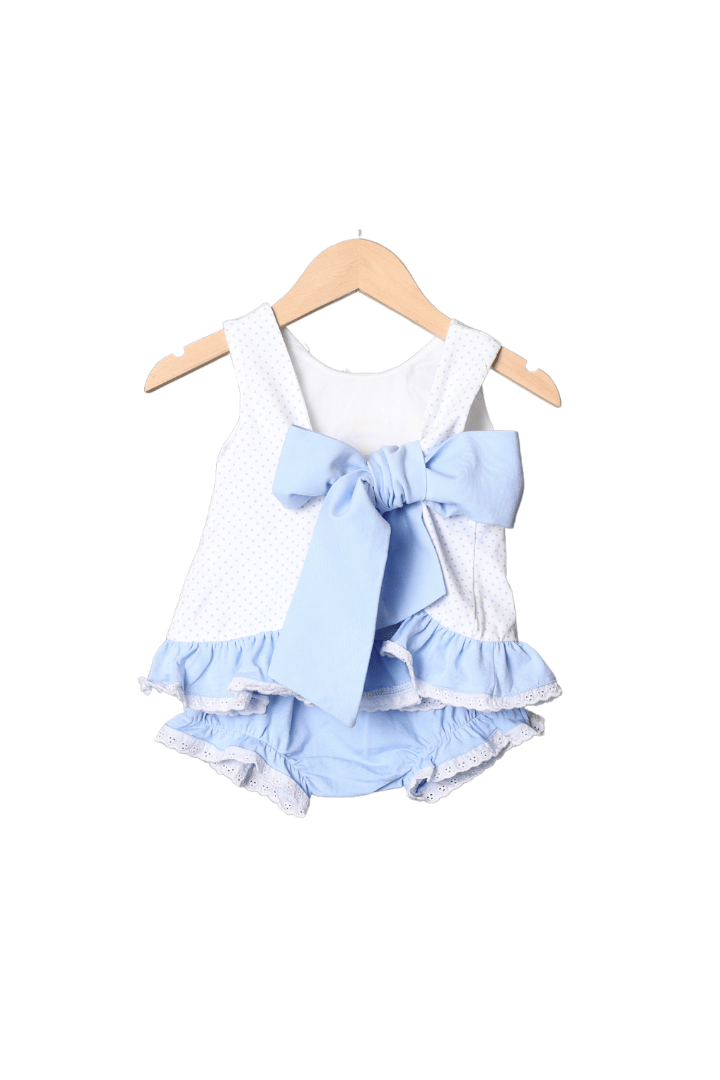 The Smocked Flamingo Apparel & Accessories Blue and White Dot Princess Carriage Bow Bloomer Set