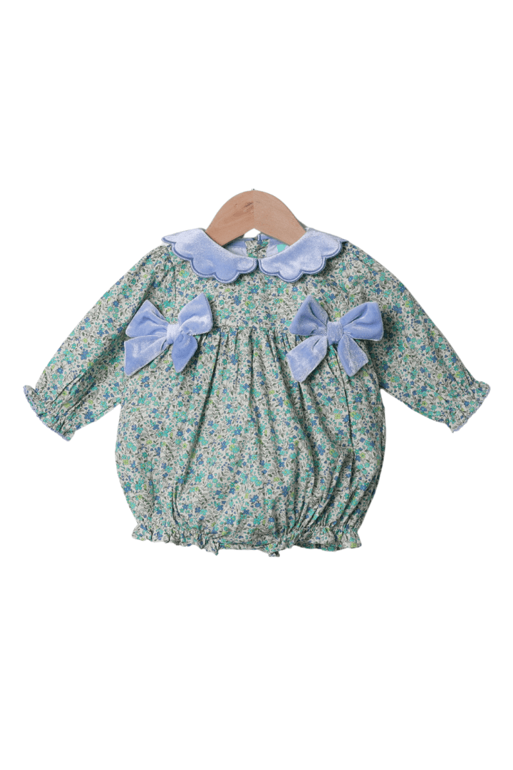 The Smocked Flamingo Apparel & Accessories Blue Floral Velvet Bow Bubble
