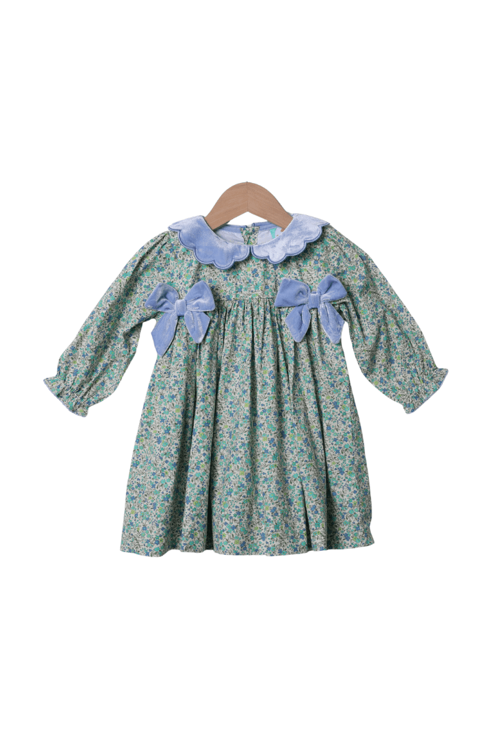 The Smocked Flamingo Apparel & Accessories Blue Floral Velvet Bow Dress