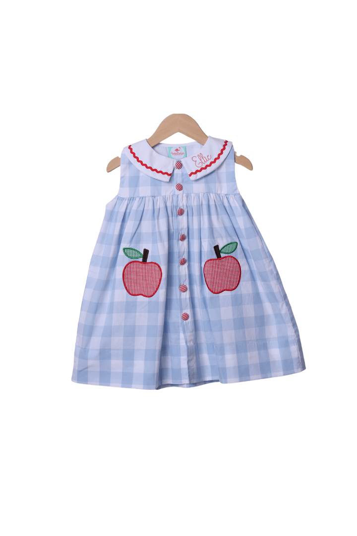 The Smocked Flamingo Apparel & Accessories Blue Gingham Apple Applique Dress