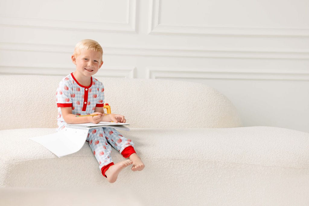 The Smocked Flamingo Apparel & Accessories Blue Gingham Apple Knit Pajamas