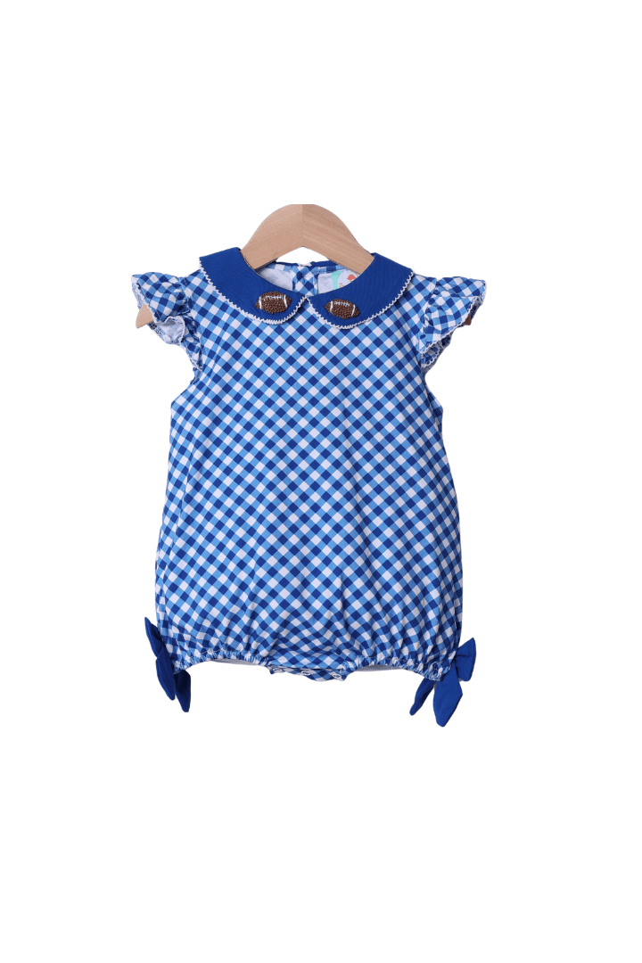 The Smocked Flamingo Apparel & Accessories Blue Gingham Bow French Knot Football Bubble