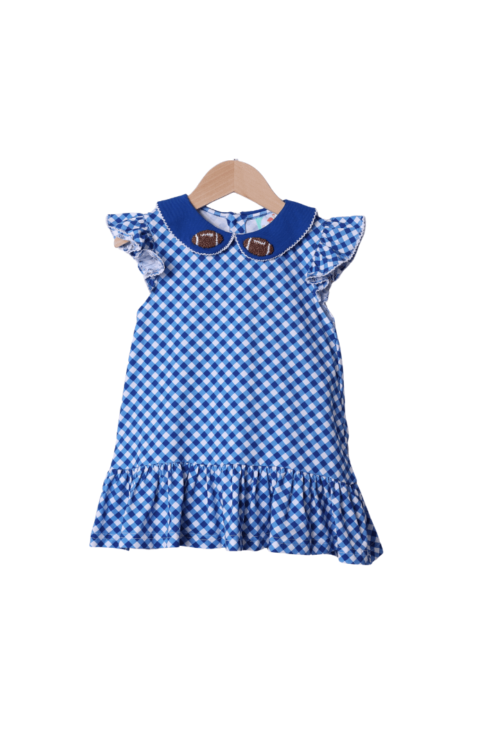 The Smocked Flamingo Apparel & Accessories Blue Gingham Ruffle French Knot Football Dress