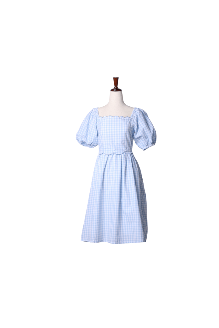 Blue Gingham Scalloped Smocked Mom Dress Small