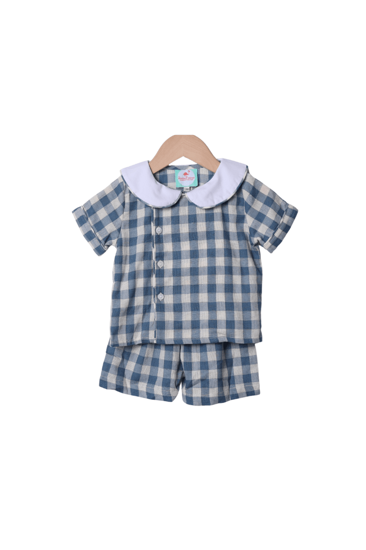 The Smocked Flamingo Apparel & Accessories Blue Linen Gingham Button Short Set