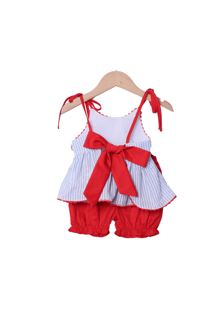 The Smocked Flamingo Apparel & Accessories Blue Seersucker Crab Applique Bloomer Set
