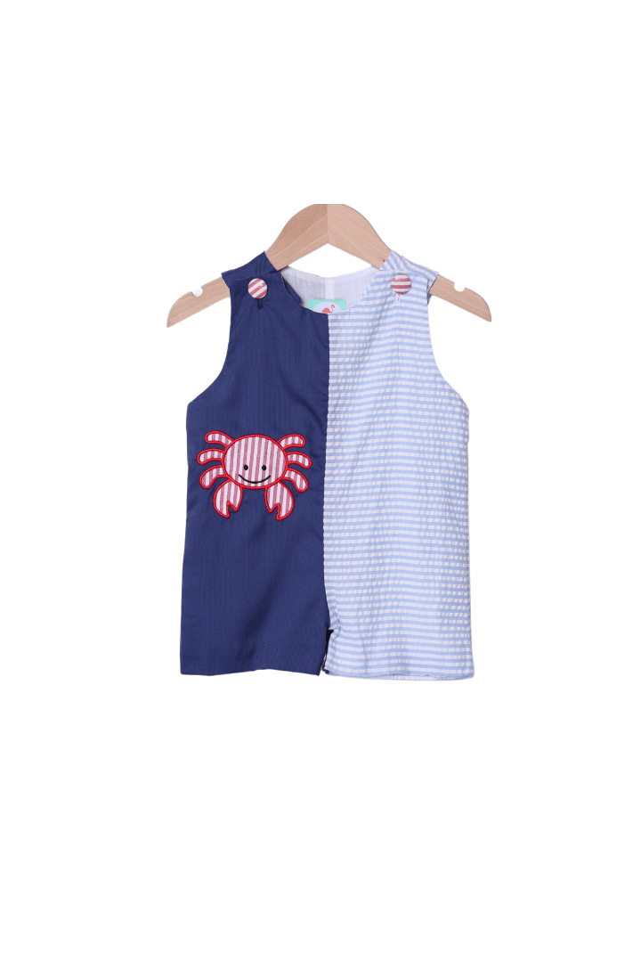 The Smocked Flamingo Apparel & Accessories Blue Seersucker Crab Applique Jon Jon