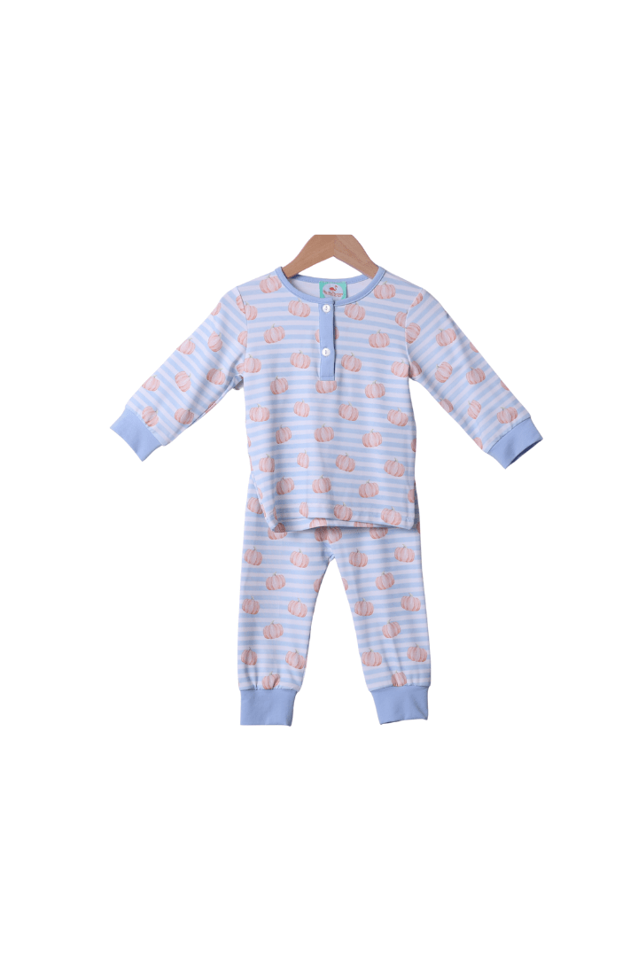 The Smocked Flamingo Apparel & Accessories Blue Stripe Pumpkin Pajamas