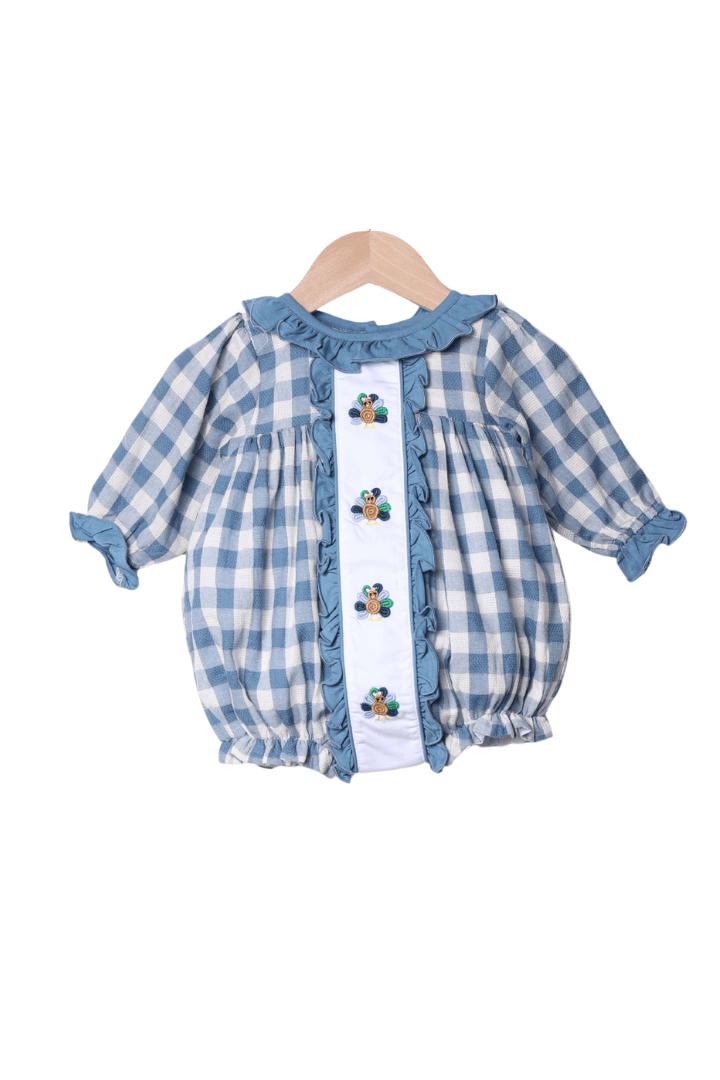 The Smocked Flamingo Apparel & Accessories Bullion Turkey Stone Blue Gingham Ruffle Bubble