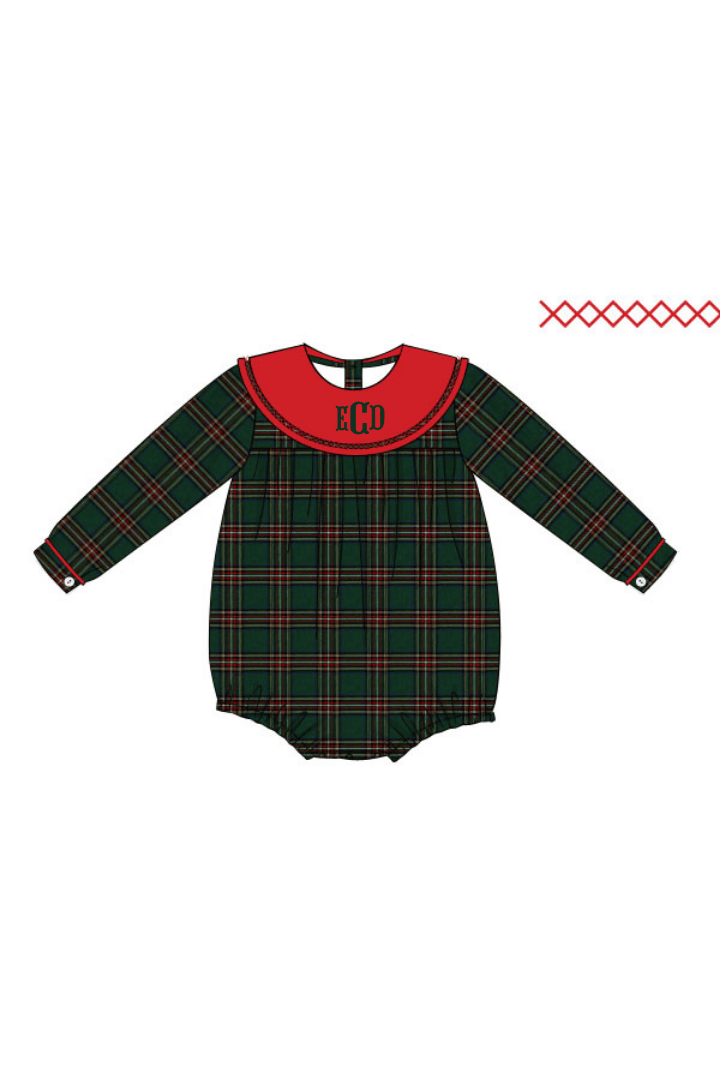 The Smocked Flamingo Apparel & Accessories Christmas Green Flannel Plaid/Red Corduroy Collar Bubble