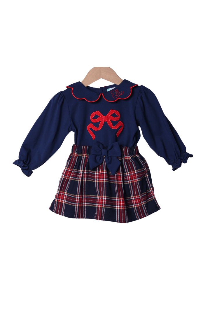 The Smocked Flamingo Apparel & Accessories Christmas Navy Tartan Plaid Applique Bow Skort Set