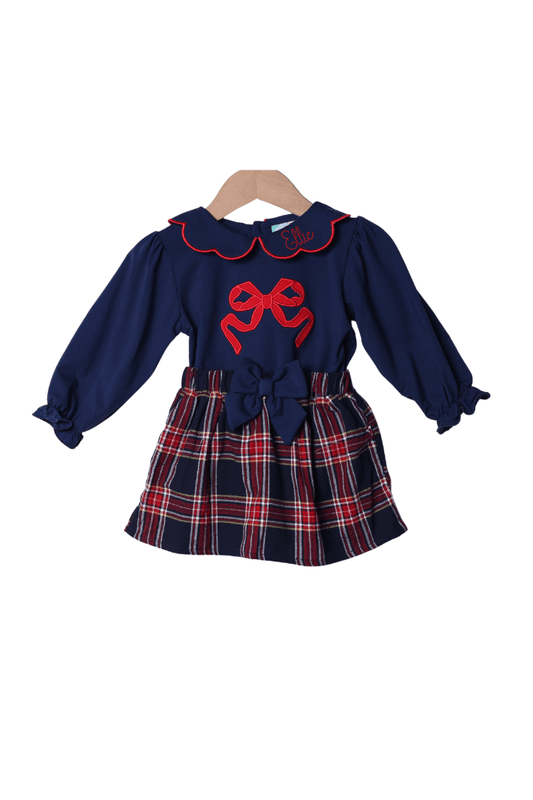 The Smocked Flamingo Apparel & Accessories Christmas Navy Tartan Plaid Applique Bow Skort Set