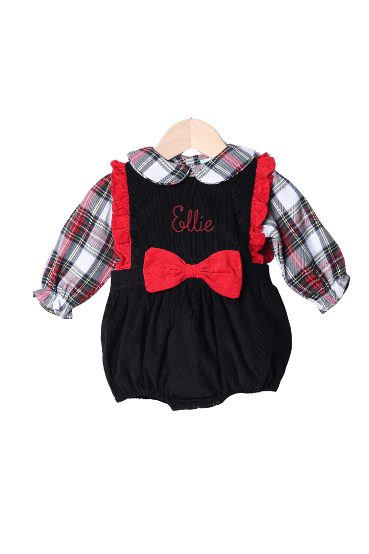 The Smocked Flamingo Apparel & Accessories Christmas Plaid Red and Black Corduroy 2pc Bubble