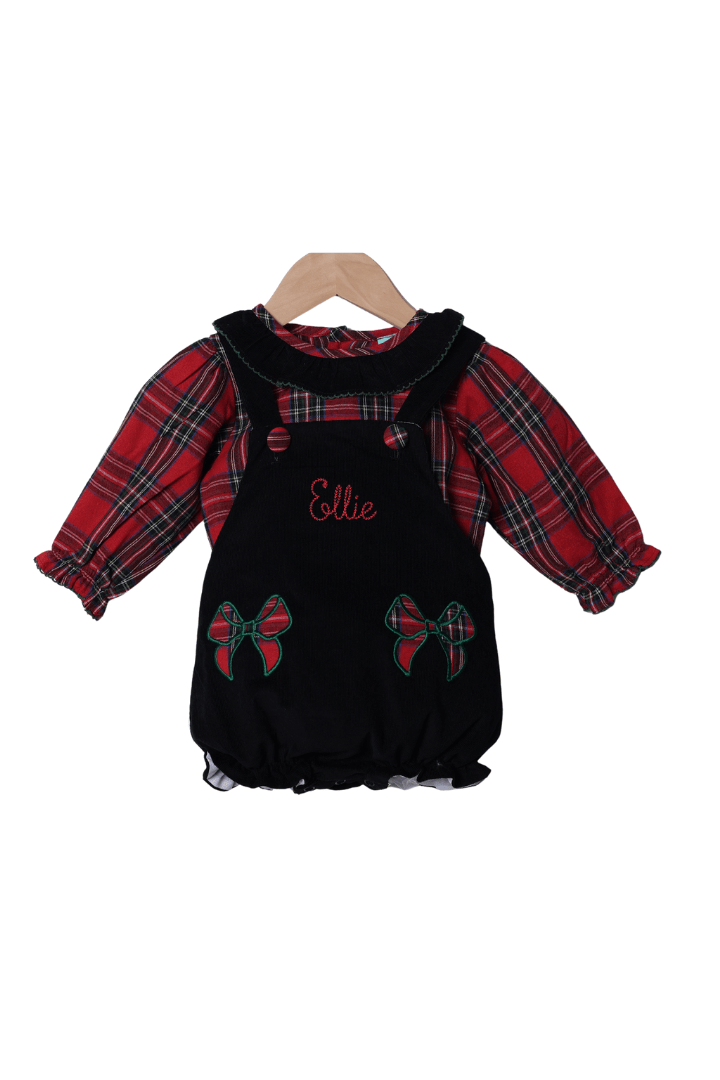 The Smocked Flamingo Apparel & Accessories Christmas Tartan Plaid Bow Black Corduroy 2pcs. Bubble