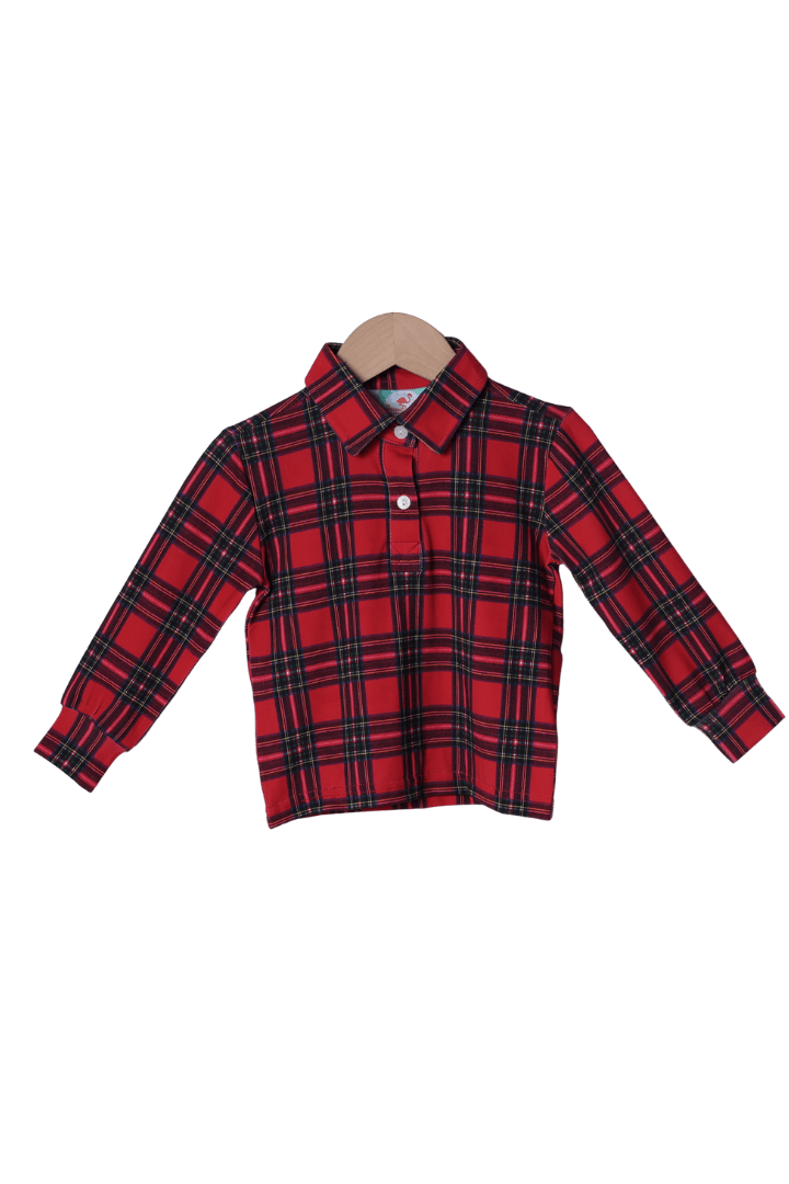 The Smocked Flamingo Apparel & Accessories Christmas Tartan Plaid Button Polo Shirt