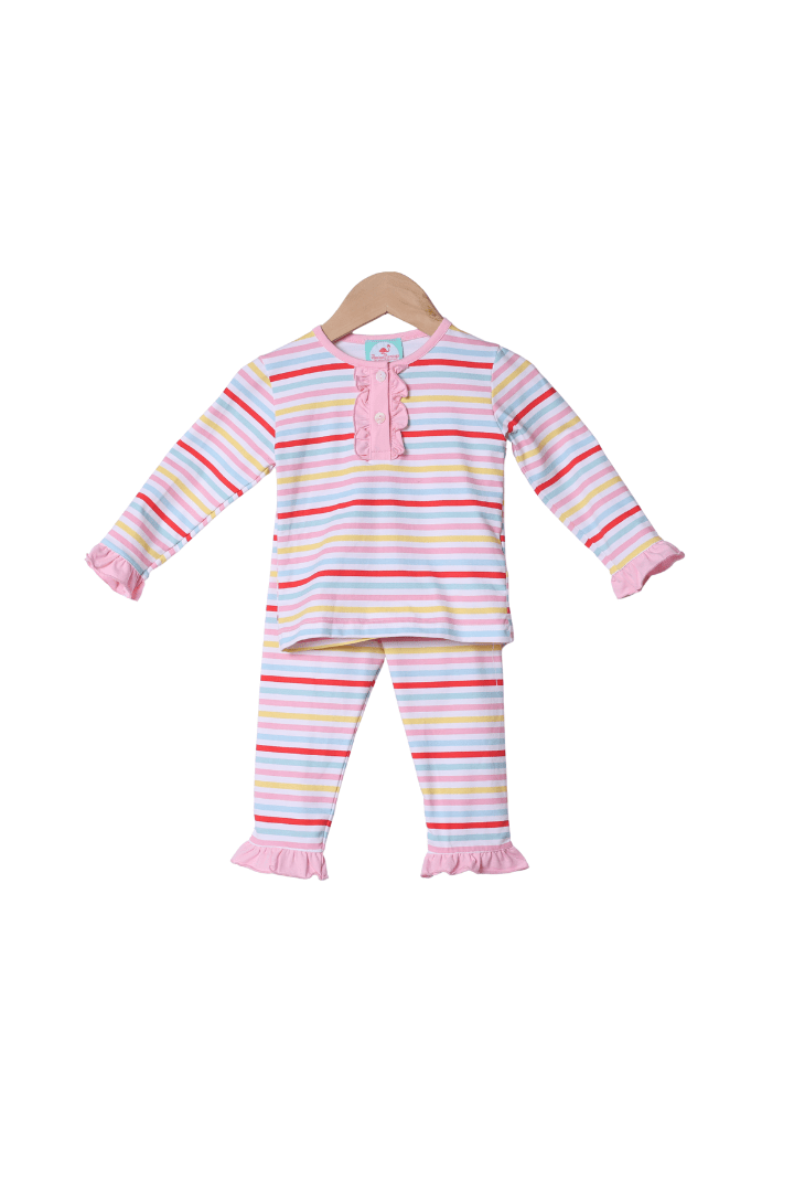 The Smocked Flamingo Apparel & Accessories Cookie and Milk Multi Color Stripe Ruffle Pajama Set