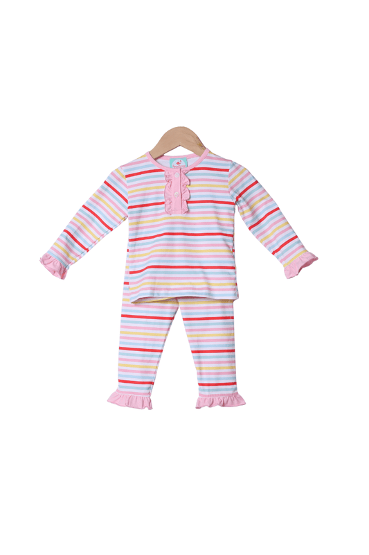 The Smocked Flamingo Apparel & Accessories Cookie and Milk Multi Color Stripe Ruffle Pajama Set
