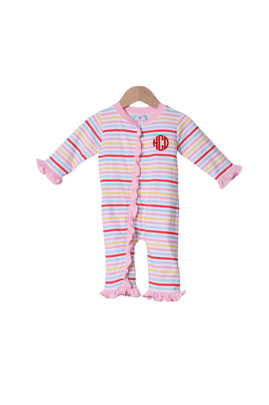 The Smocked Flamingo Apparel & Accessories Cookie and Milk Multi Color Stripe Ruffle Zippy Pajamas