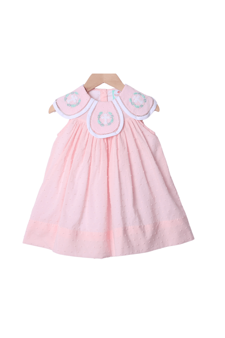 The Smocked Flamingo Apparel & Accessories Crochet Cross Pink Swiss Dot Dress