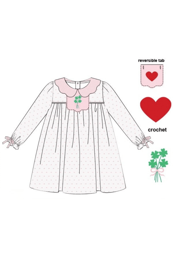 The Smocked Flamingo Apparel & Accessories Crochet Interchangeable Heart/Clover Pink Swiss Dot Skirted Dress