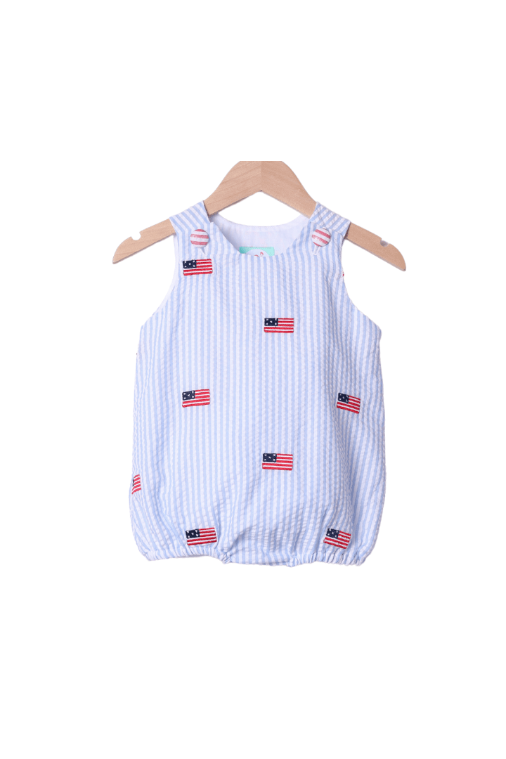 The Smocked Flamingo Apparel & Accessories Embroidered American Flag Blue Seersucker Bubble
