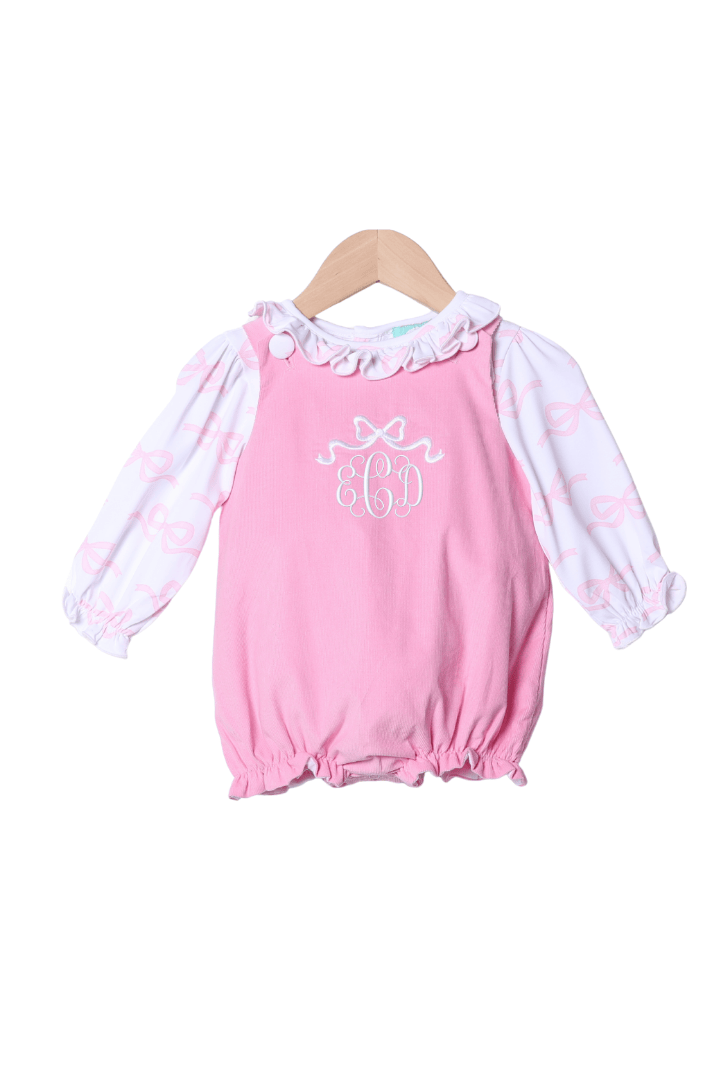 The Smocked Flamingo Apparel & Accessories Embroidered Bow 2 Piece Pink Corduroy Bubble