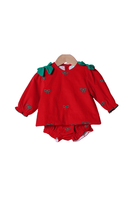The Smocked Flamingo Apparel & Accessories Embroidered Bows Red/Green Corduroy Bloomer Set