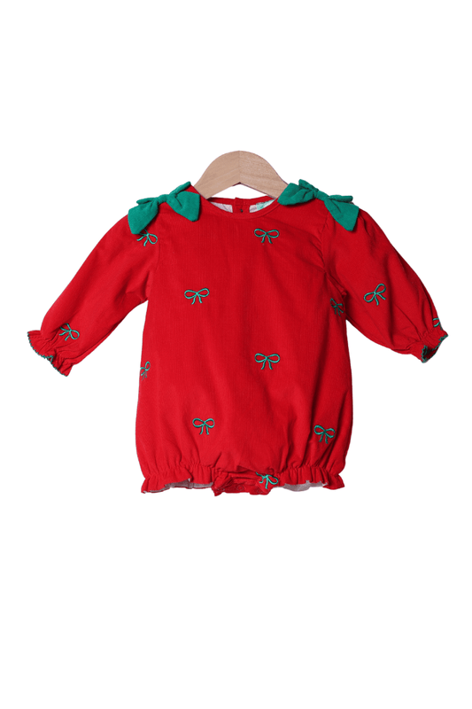 The Smocked Flamingo Apparel & Accessories Embroidered Bows Red/Green Corduroy Bubble