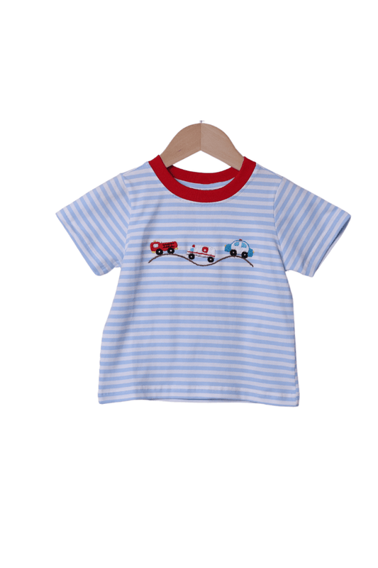 The Smocked Flamingo Apparel & Accessories Embroidered First Responders Blue Stripe TShirt