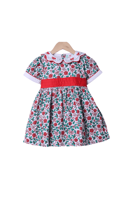 The Smocked Flamingo Apparel & Accessories Embroidered Floral Holly Bow Dress