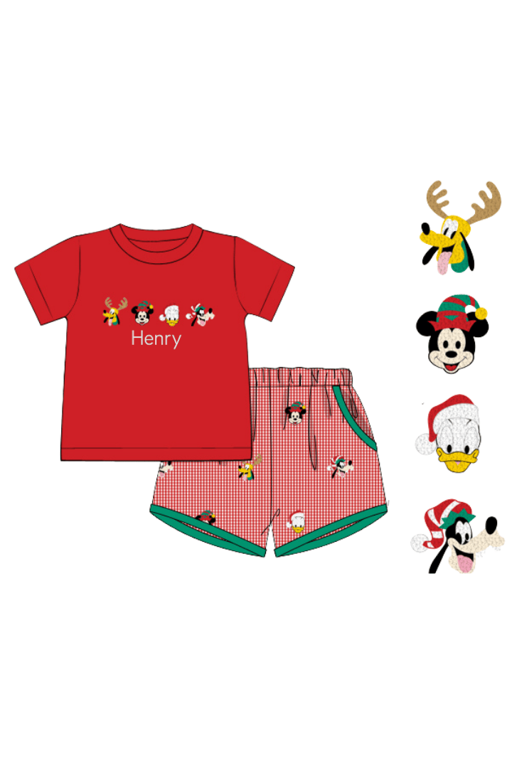 The Smocked Flamingo Apparel & Accessories Embroidered/French Knot Mouse and Friends Red Gingham Short Set