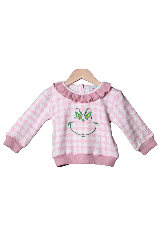 The Smocked Flamingo Apparel & Accessories Embroidered Grouch Pink Gingham Cardigan Pullover
